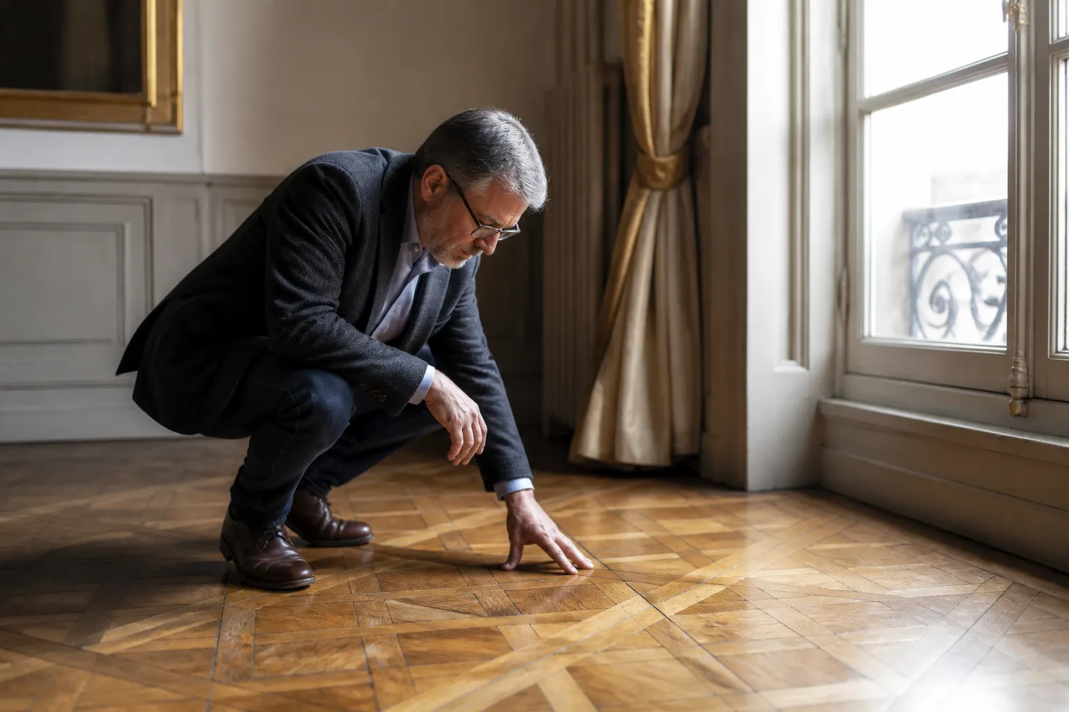 Expert examinant un parquet ancien pres d une haute fenetre