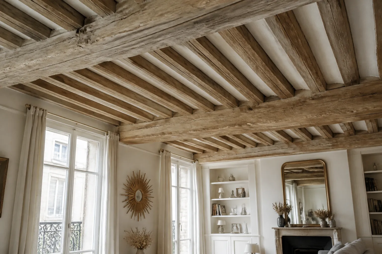 Plafond a la francaise avec poutres et solives en bois dans un appartement ancien