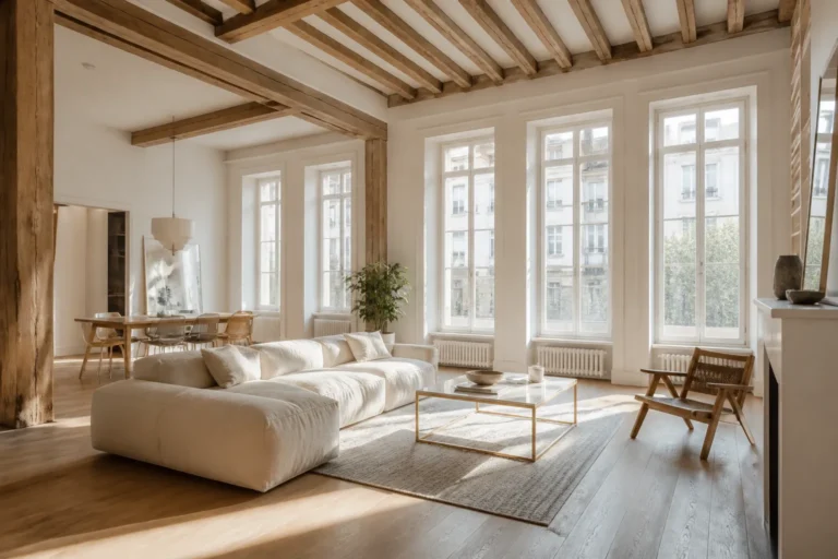 Grand sejour lumineux d un appartement de canut avec hauts plafonds a poutres apparentes et grandes fenetres