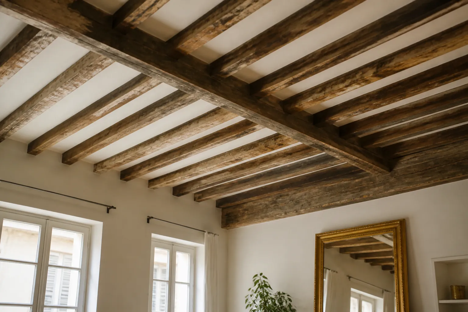 Plafond ancien a poutres de bois dans un appartement du Vieux Lyon