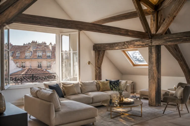 Appartement sous combles avec charpente apparente et vue sur des toits de tuiles a Lyon