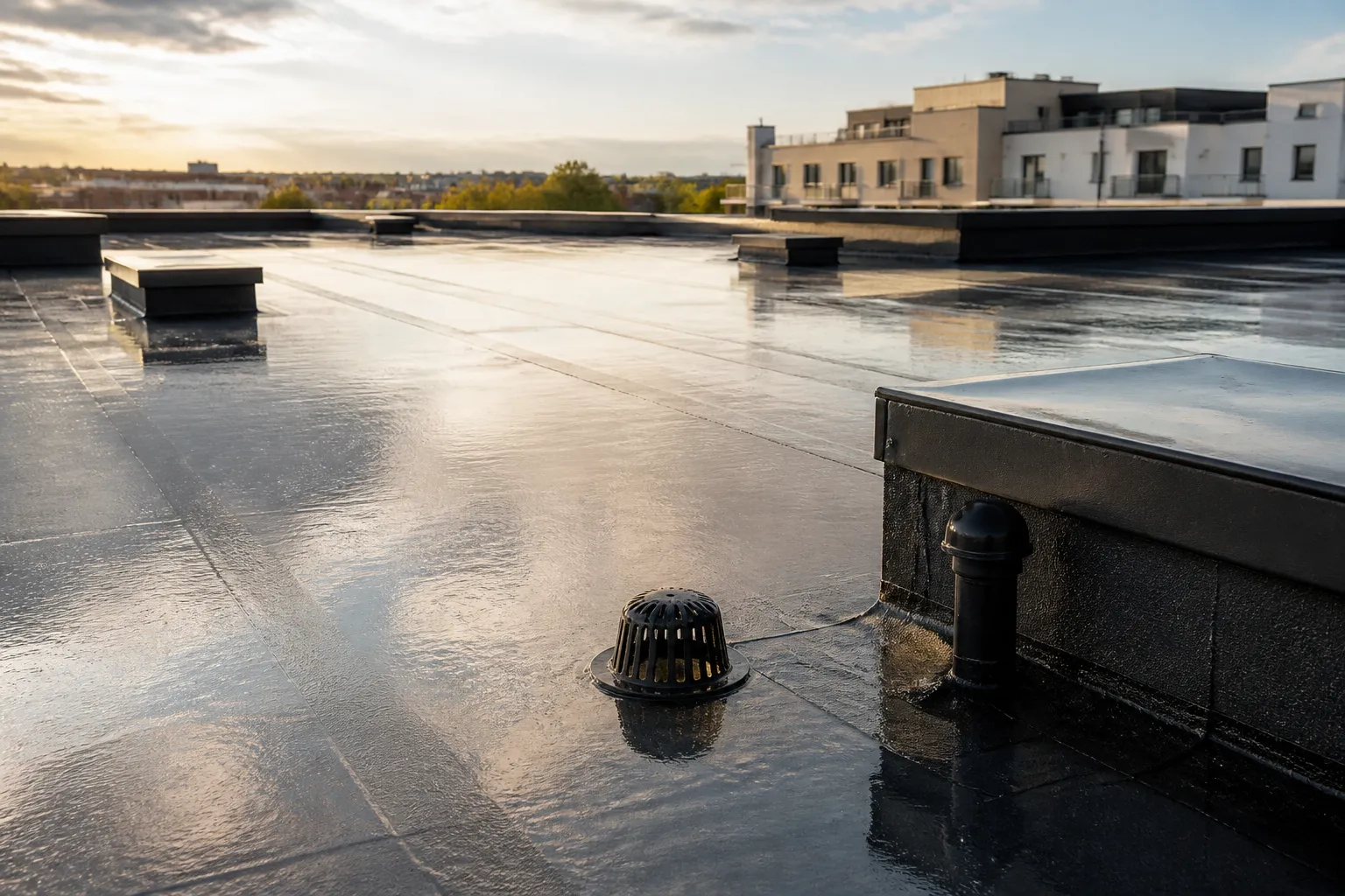Toiture terrasse d immeuble avec etancheite et evacuations d eau pluviale