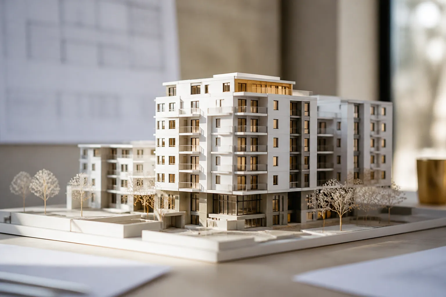 Maquette d un programme immobilier neuf posee sur une table