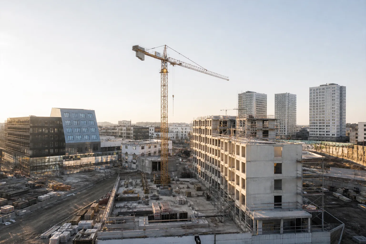 Chantier d immeuble neuf avec grue dans un quartier urbain en reconversion