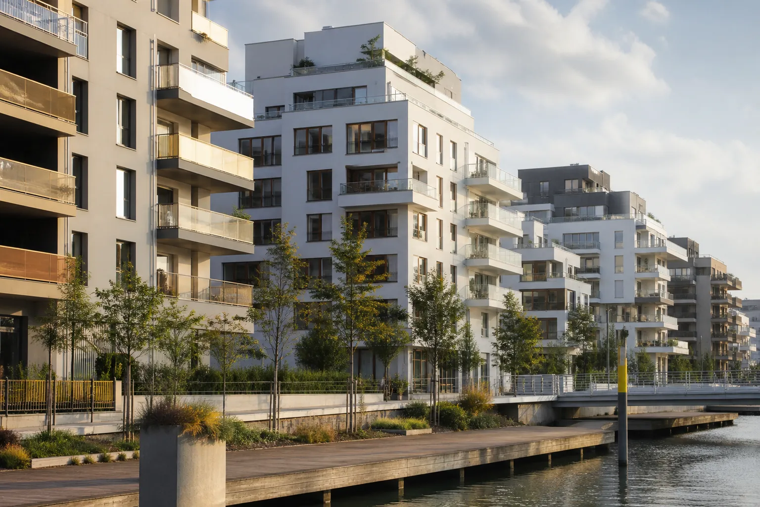 Immeubles de logements neufs au bord de l eau dans un quartier recent de Lyon