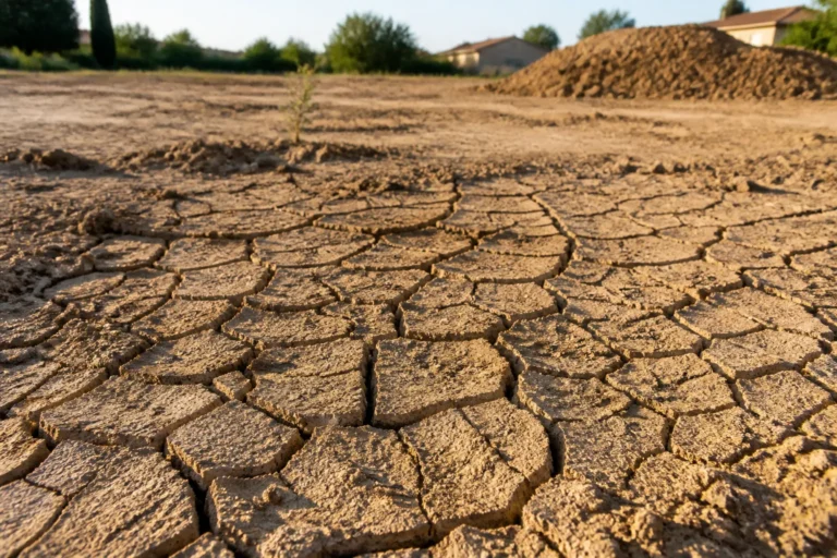 Sol argileux craquele par la secheresse sur un terrain a batir du Rhone