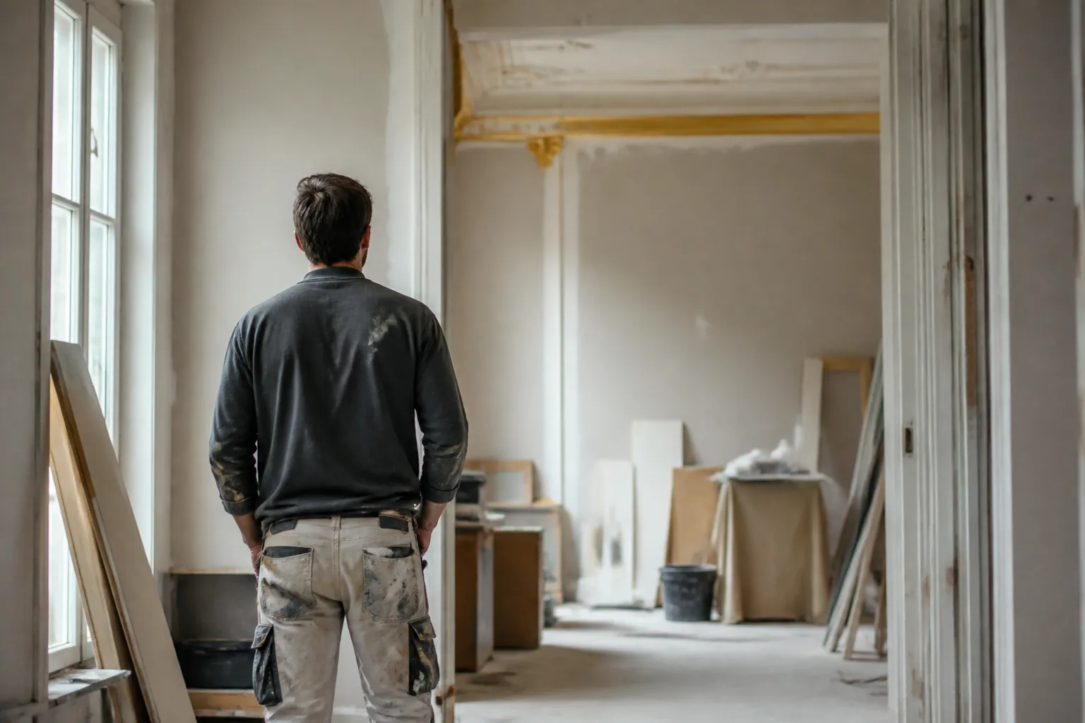 Artisan vu de dos sur un chantier de renovation interieure