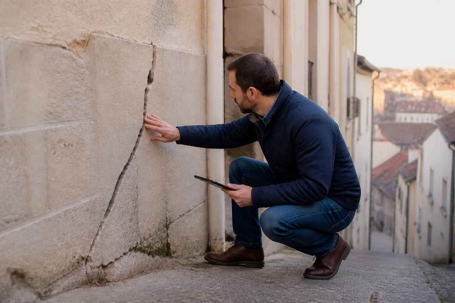 Expert observant une fissure en facade d un immeuble ancien situe sur une pente