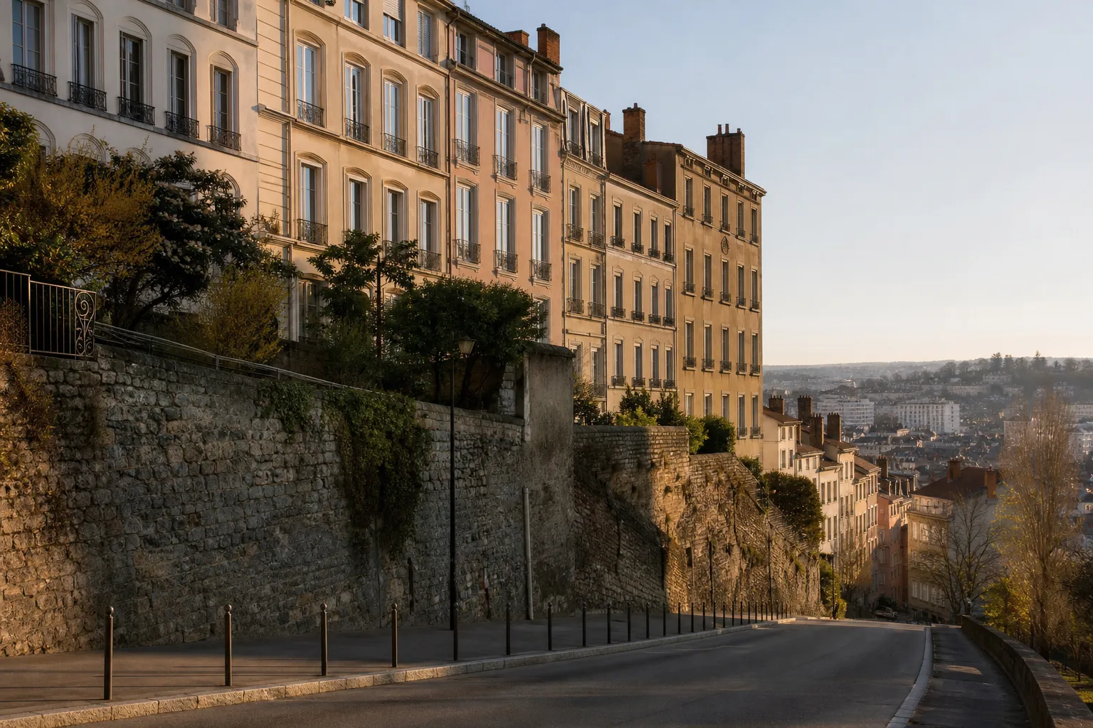 Colline lyonnaise en pente avec immeubles anciens etages et murs de soutenement en pierre