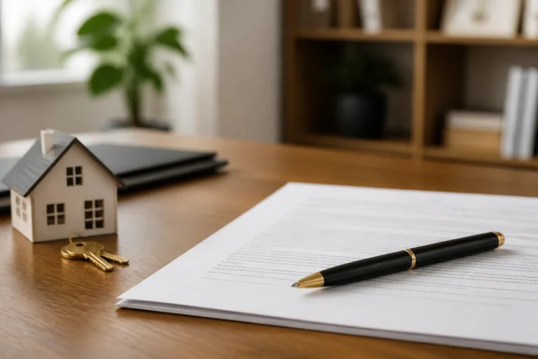 Acte de vente immobilier avec stylo pose sur un bureau en bois