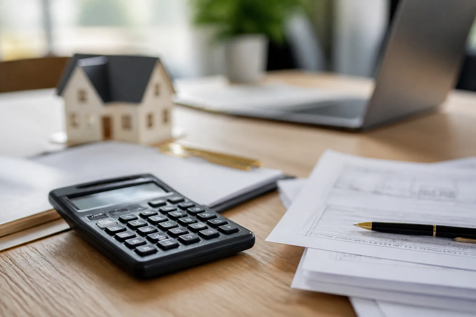 Calculatrice et documents de financement immobilier sur une table