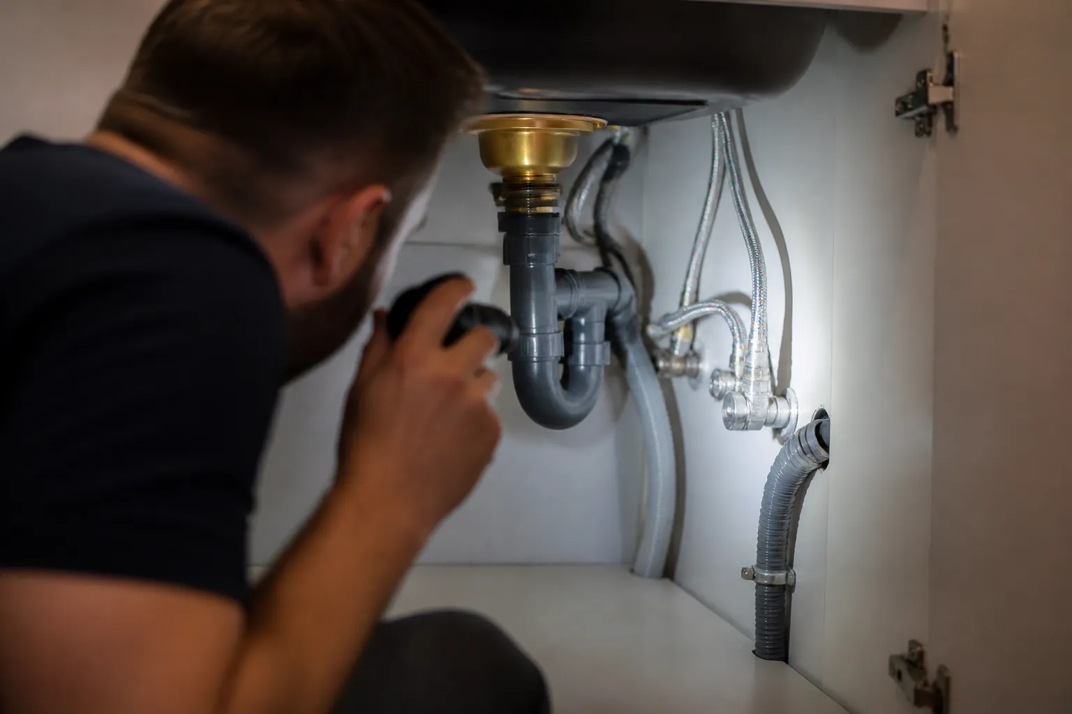 Canalisation et flexibles inspectes sous un evier a la lampe