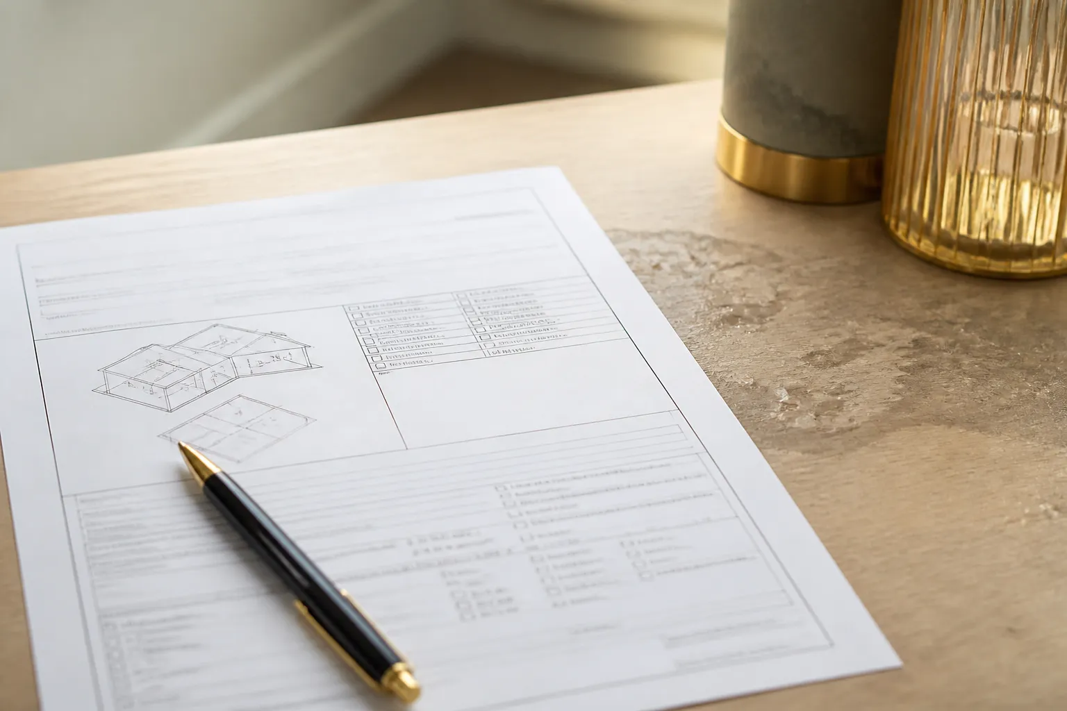 Constat amiable de degat des eaux pose sur une table avec un stylo