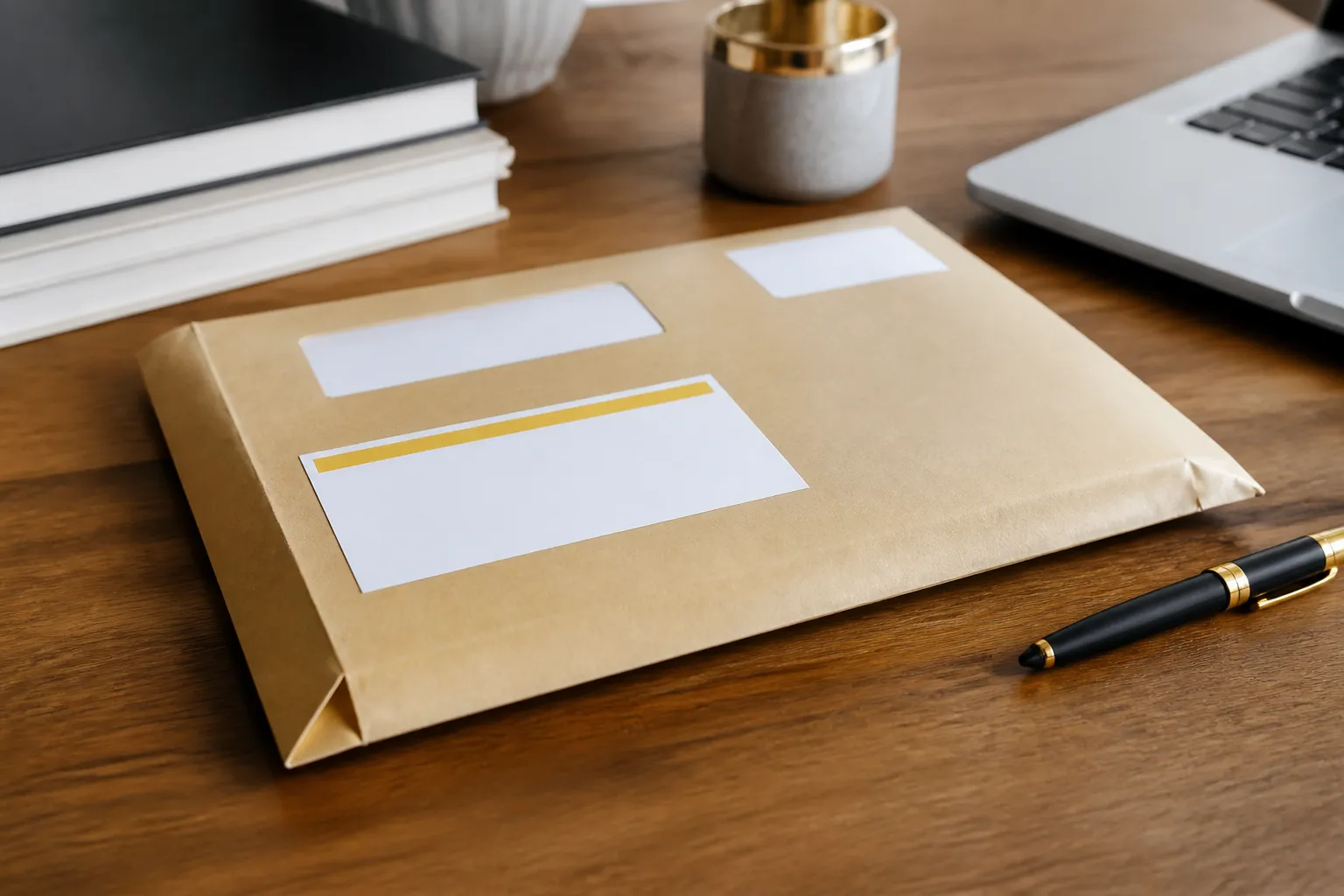 Lettre recommandee avec accuse de reception posee sur un bureau en bois