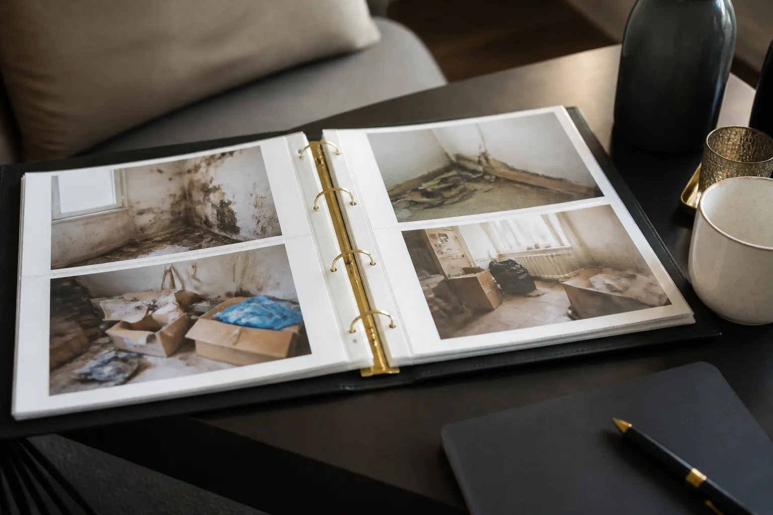 Classeur ouvert contenant des photos imprimees de desordres dans un logement