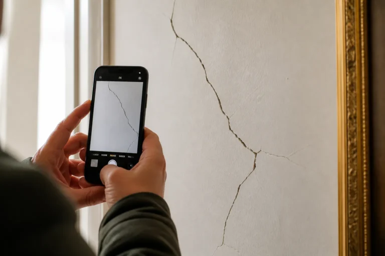Smartphone photographiant une fissure sur un mur interieur d un appartement ancien