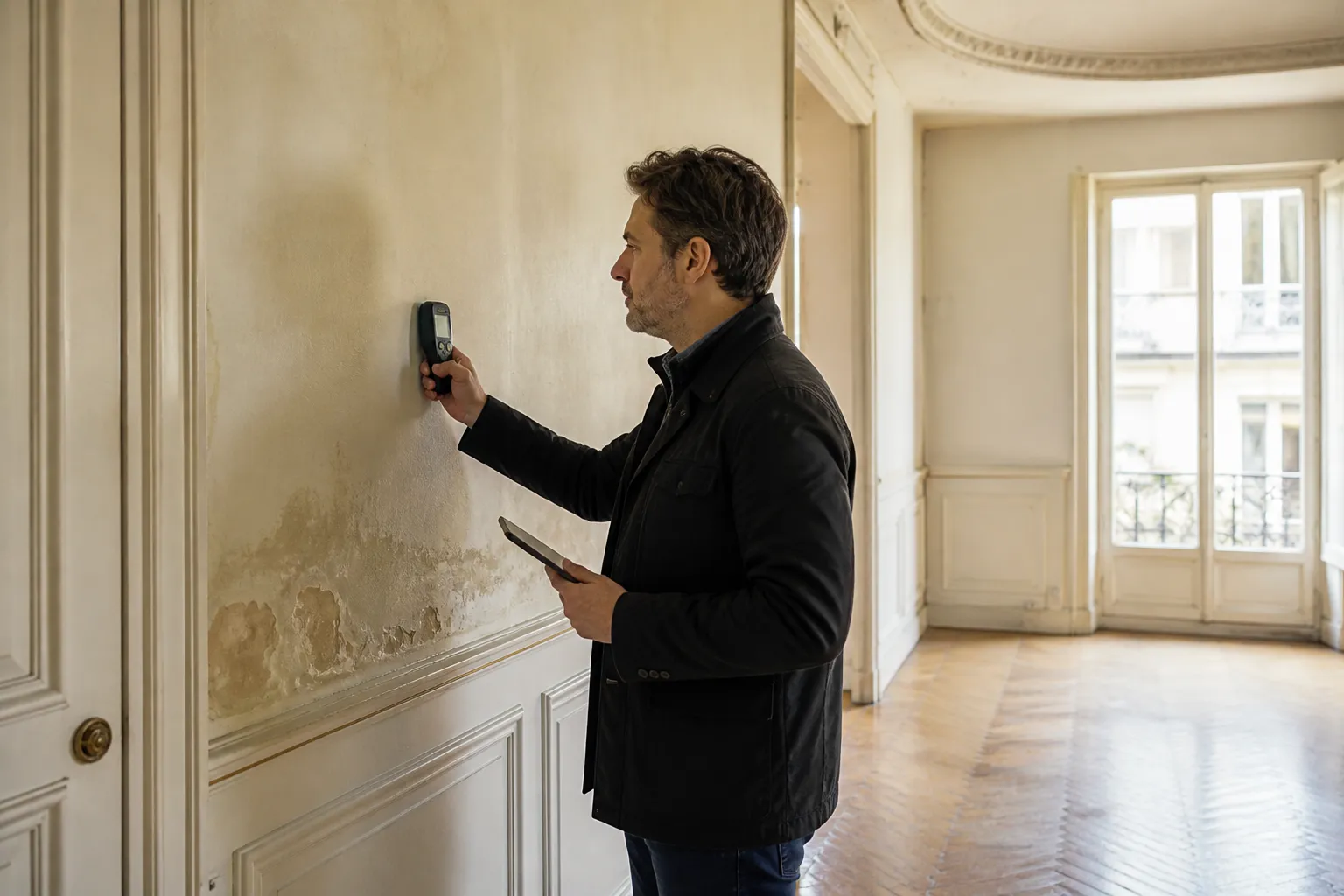 Expert examinant un appartement ancien vide avec un humidimetre