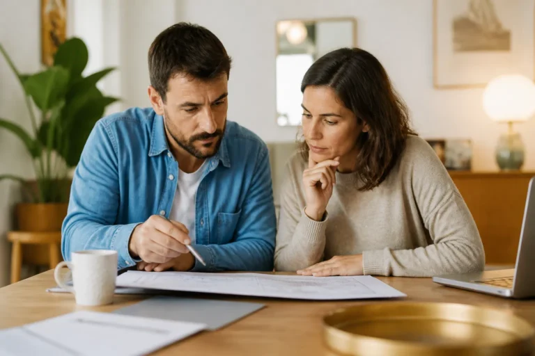 Couple relisant un avant contrat de vente immobiliere sur une table