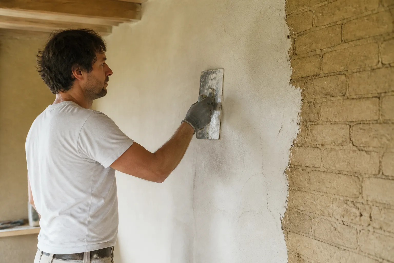 Artisan appliquant un enduit a la chaux sur un mur en pise