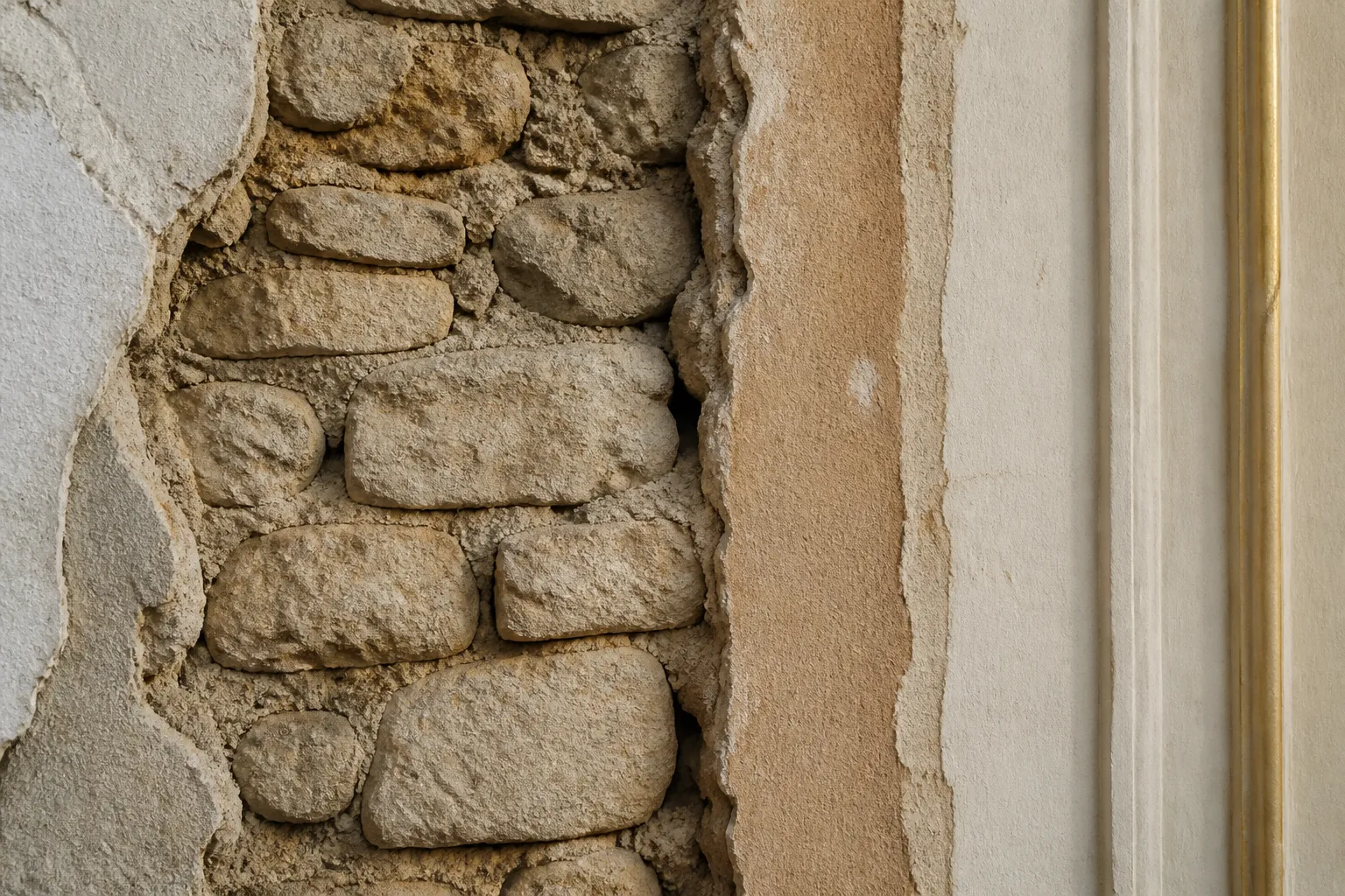 Coupe de mur ancien montrant la maconnerie et un enduit decolle
