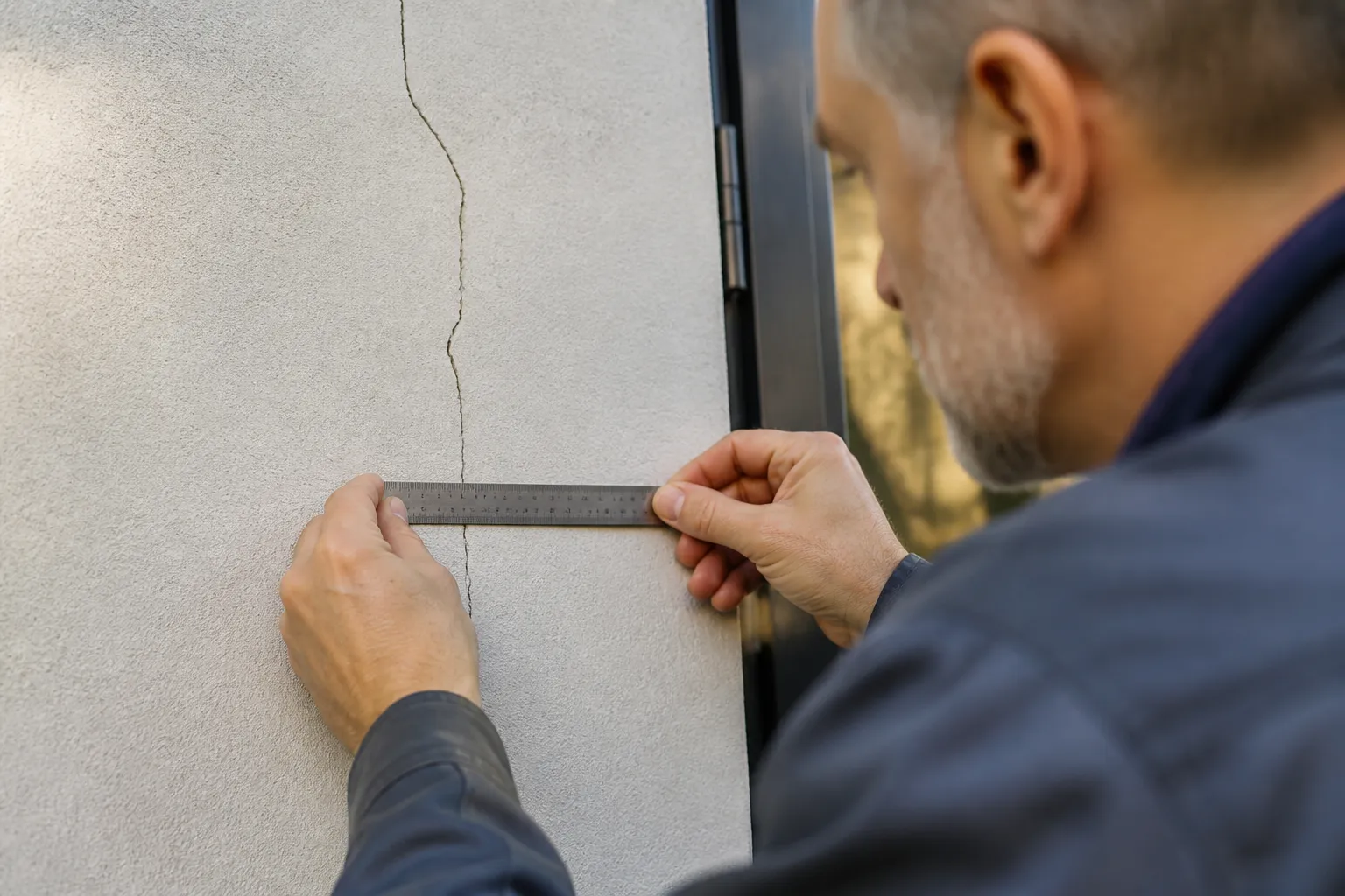 Expert photographiant une fissure avec une regle graduee