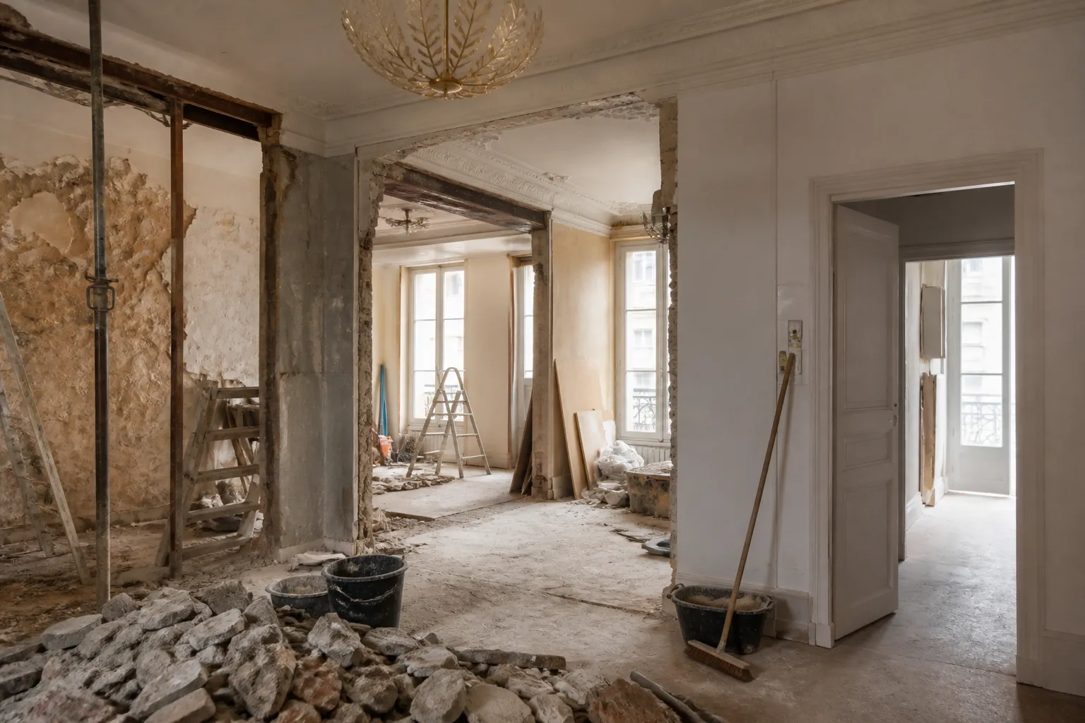 Chantier de renovation dans un appartement ancien lyonnais avec gravats et outils