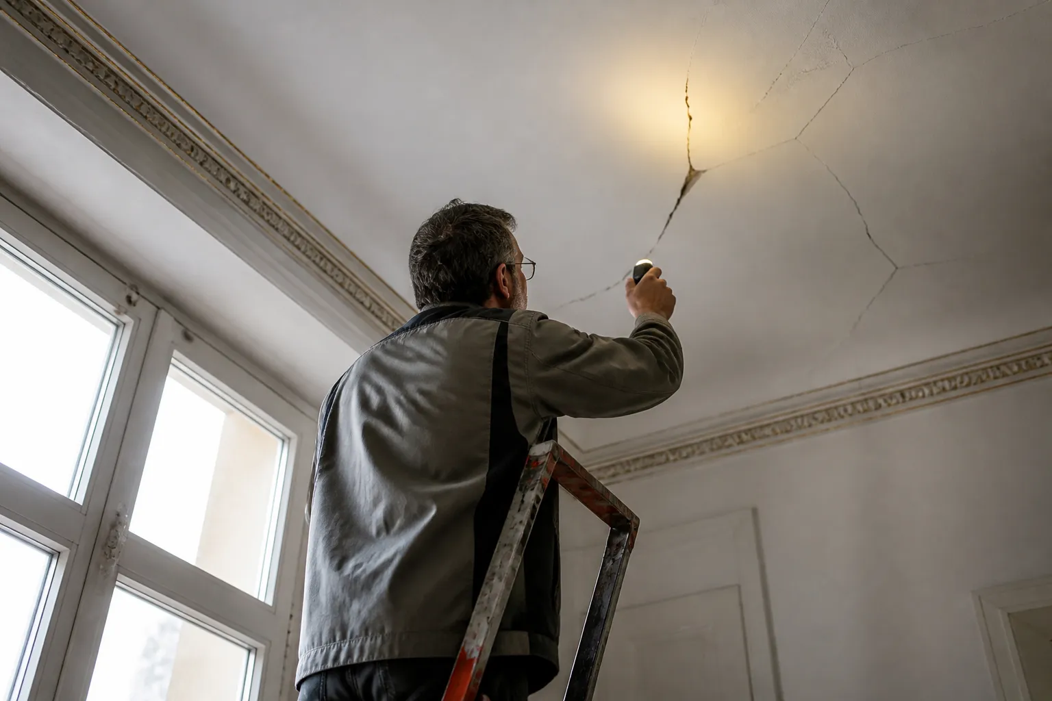 Expert sur un escabeau examinant un plafond fissure avec une lampe