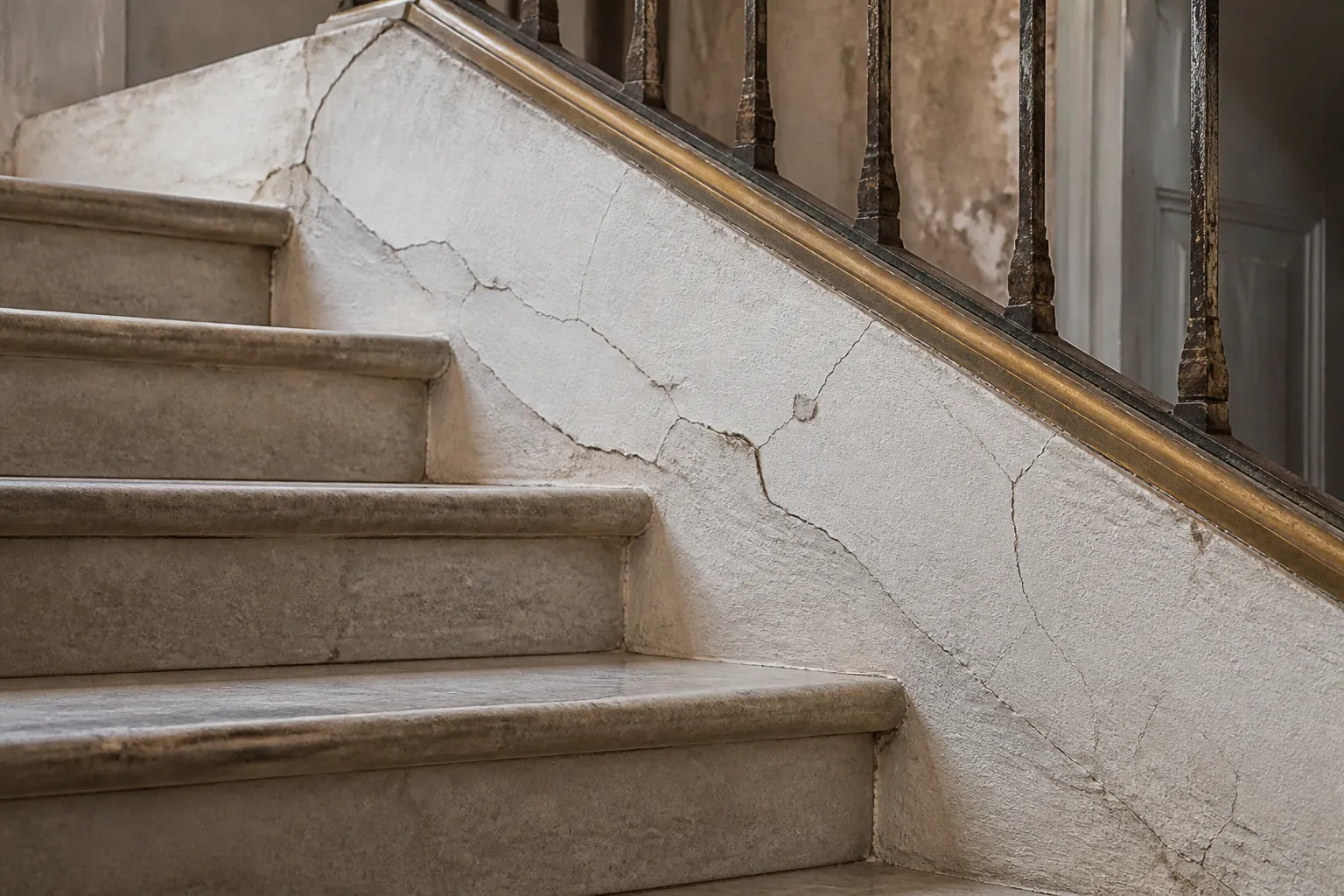 Marches d escalier ancien avec fissures dans le platre du limon
