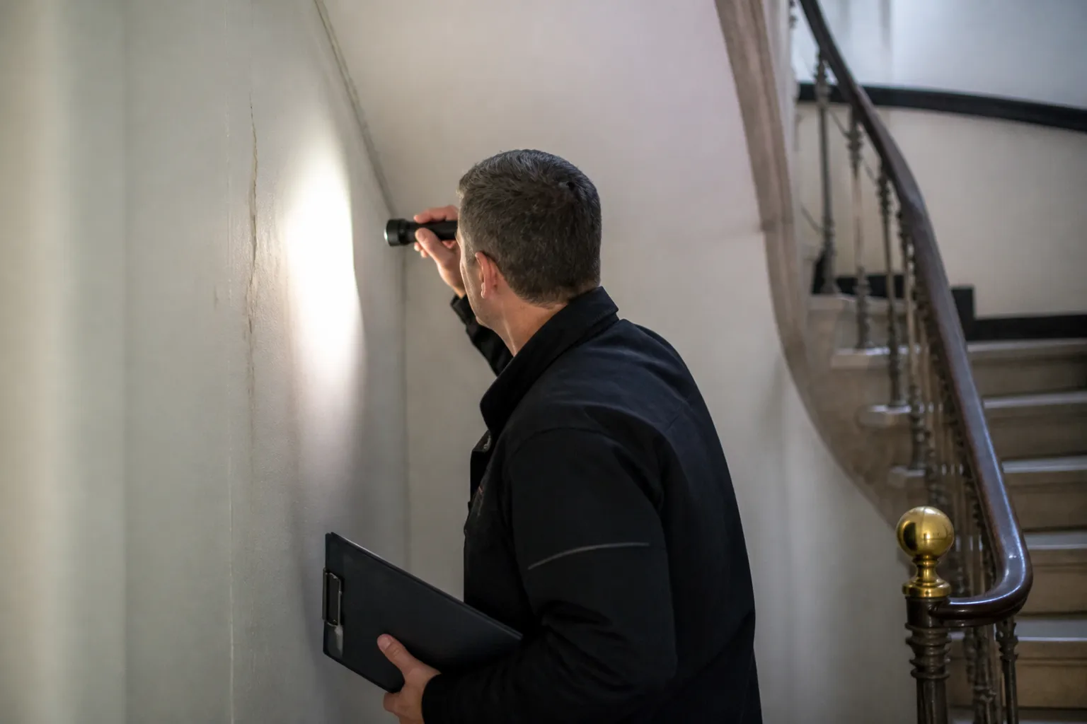 Expert examinant le mur d une cage d escalier avec une lampe