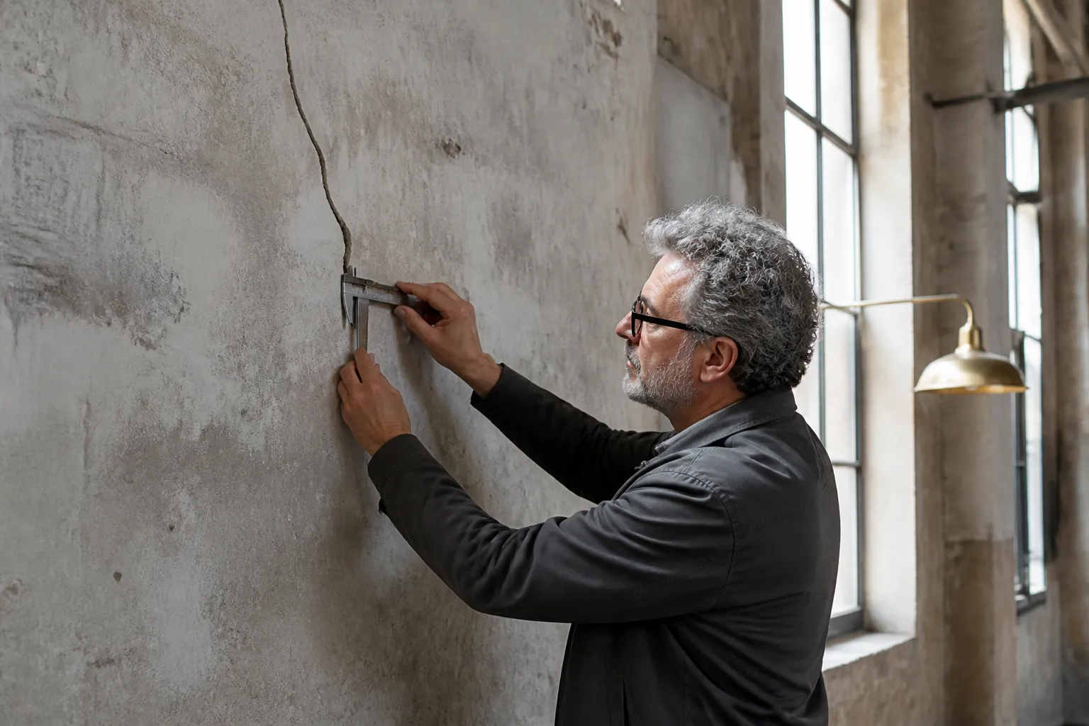 Expert mesurant une fissure sur un mur porteur dans un ancien atelier aux plafonds tres hauts