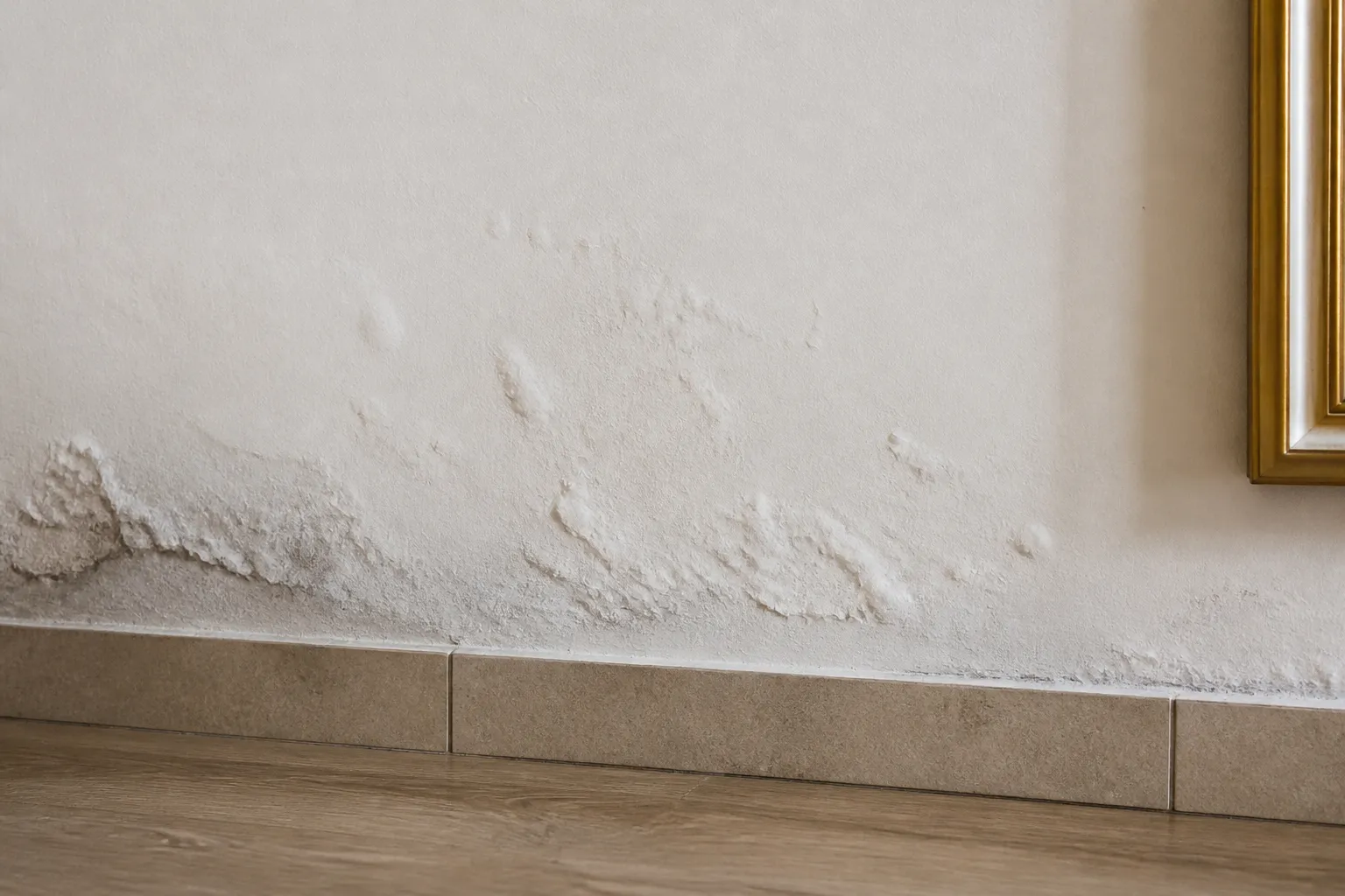Bas de mur interieur avec peinture qui cloque et traces blanches