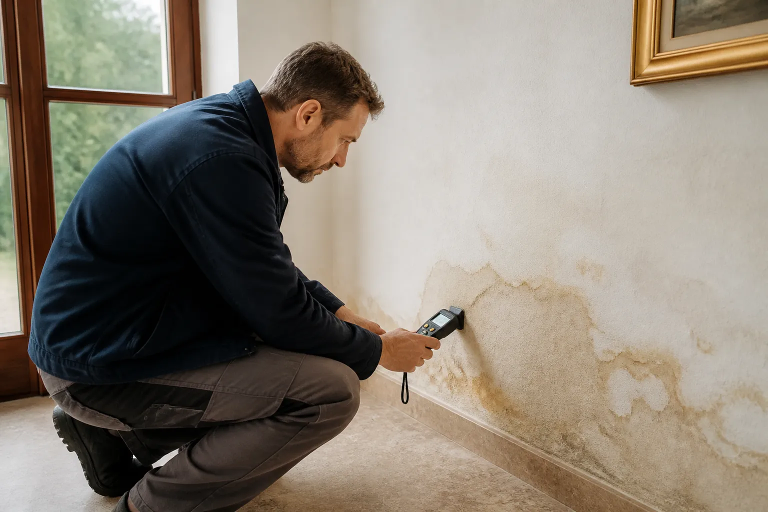 Expert mesurant l humidite d un mur au rez de chaussee