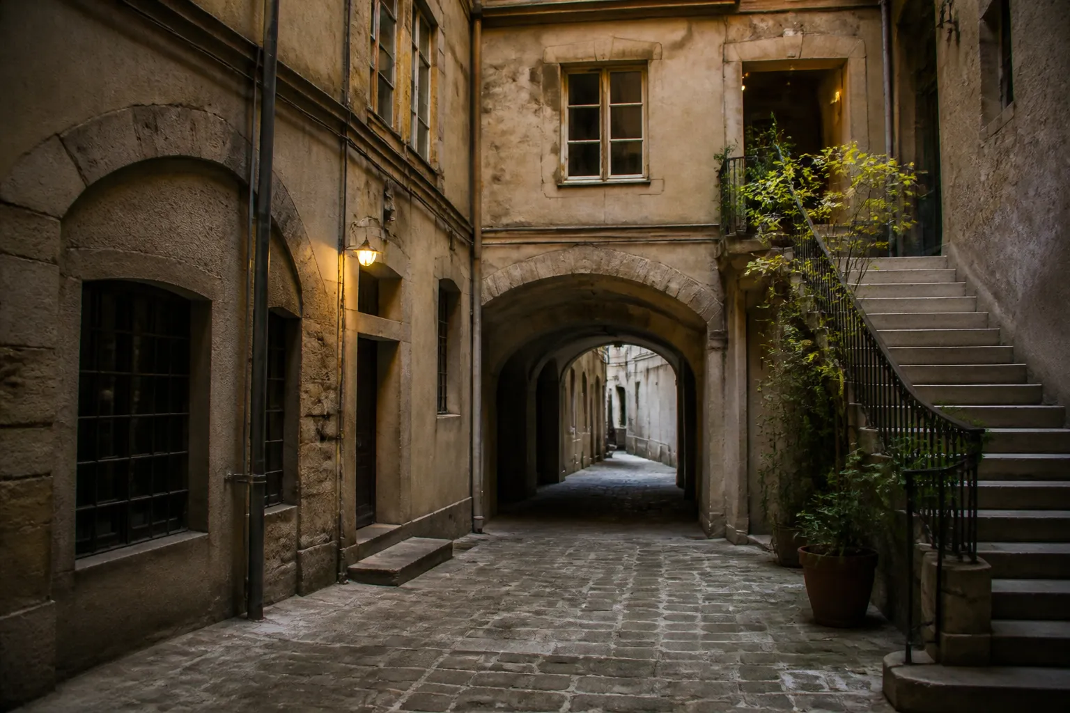 Cour interieure etroite d un immeuble ancien lyonnais avec passage voute de traboule