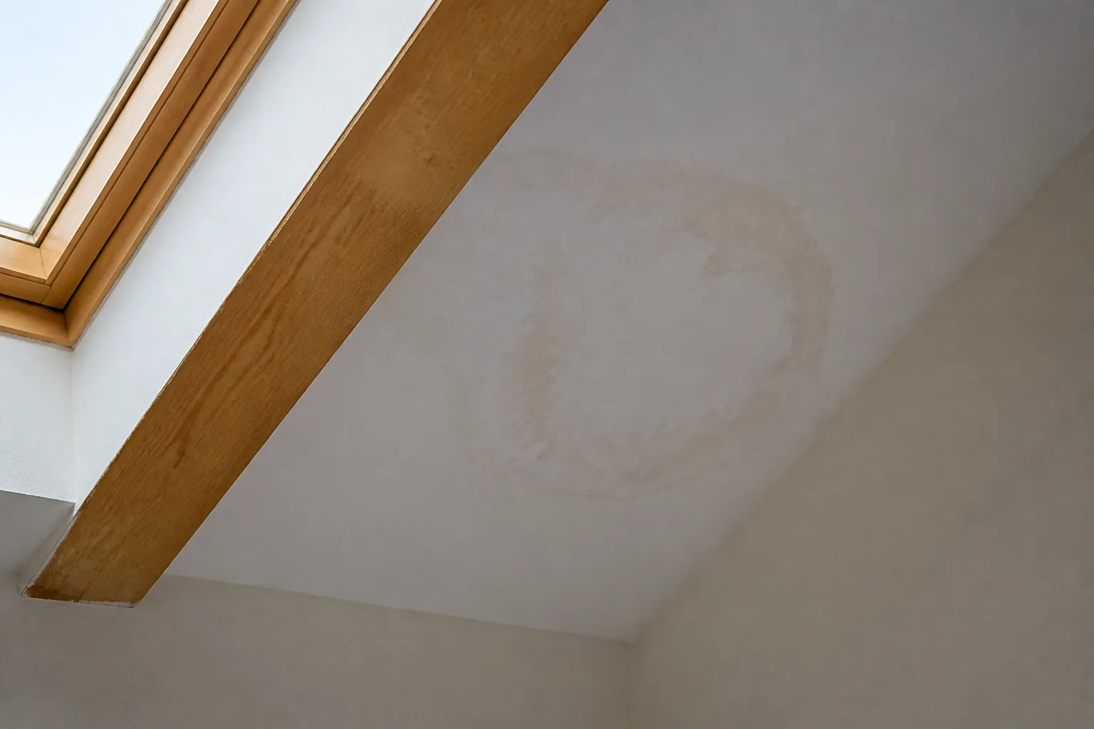Plafond sous combles avec aureole d infiltration pres d une poutre