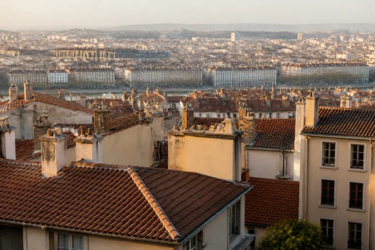 Toits de tuiles creuses rouges d immeubles anciens lyonnais vus depuis une colline