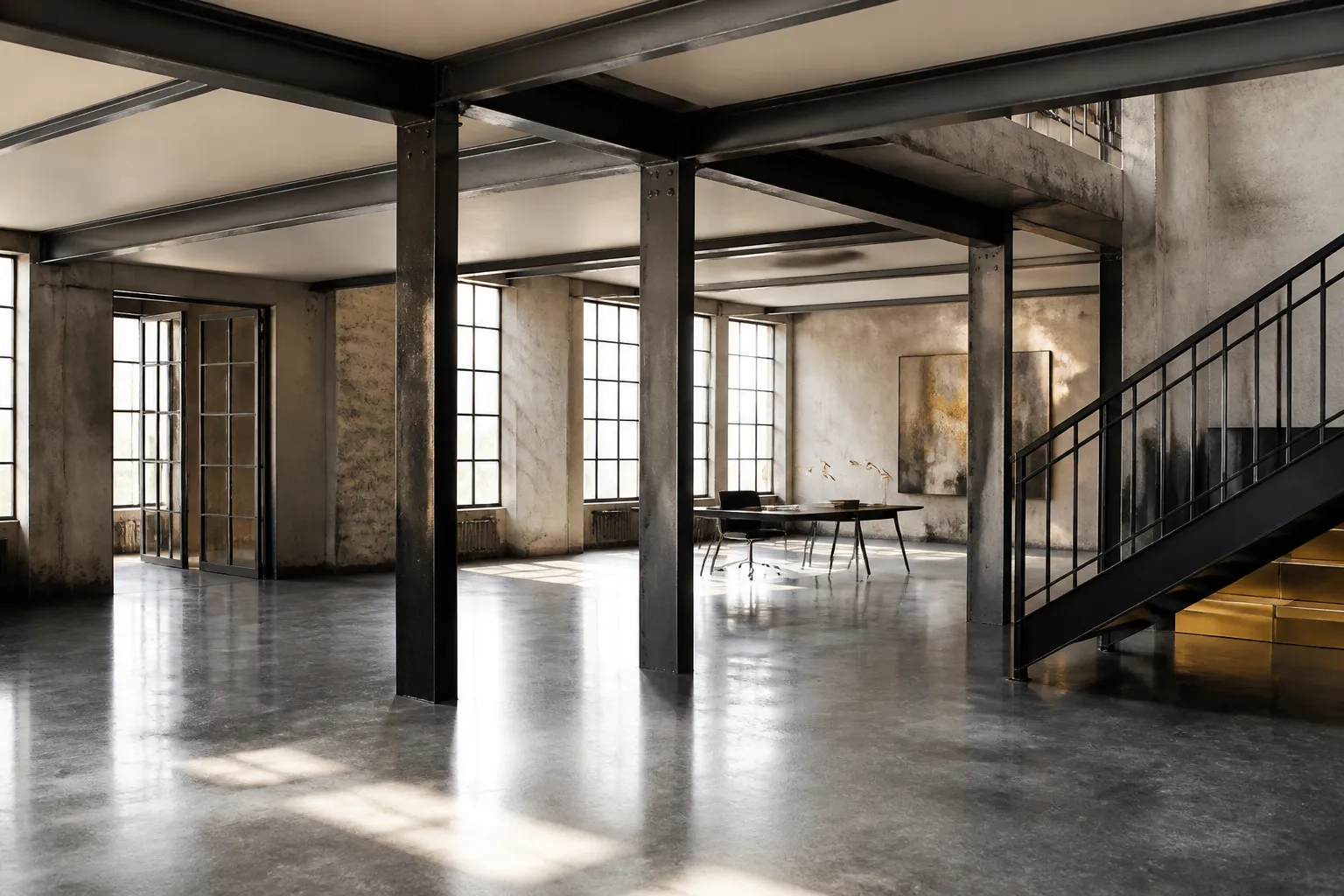 Plancher industriel et poutres metalliques dans un loft reconverti