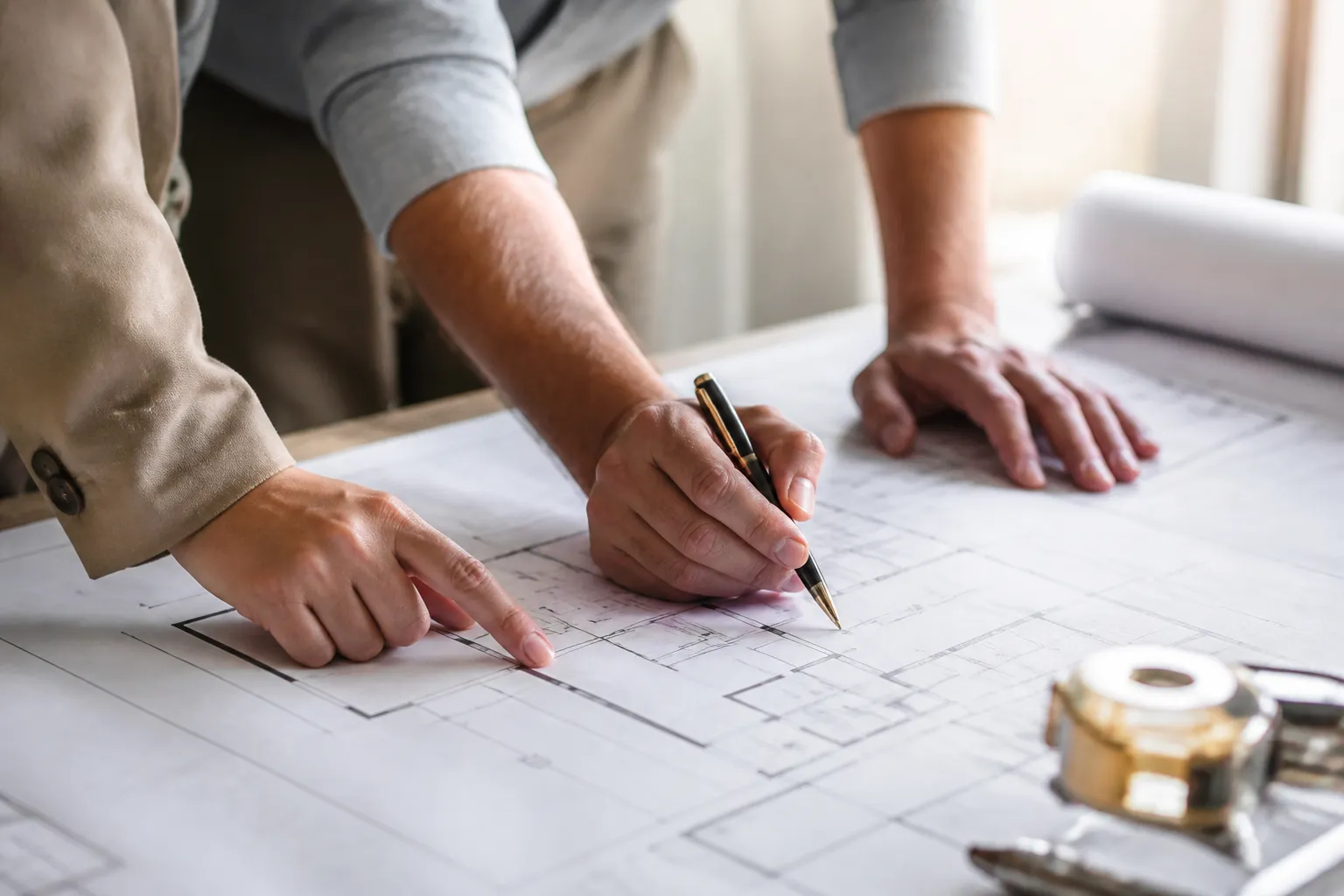 Mains posees sur des plans de maison etales sur une table