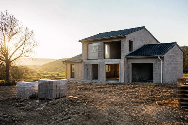 Maison individuelle neuve en construction dans les Monts du Lyonnais
