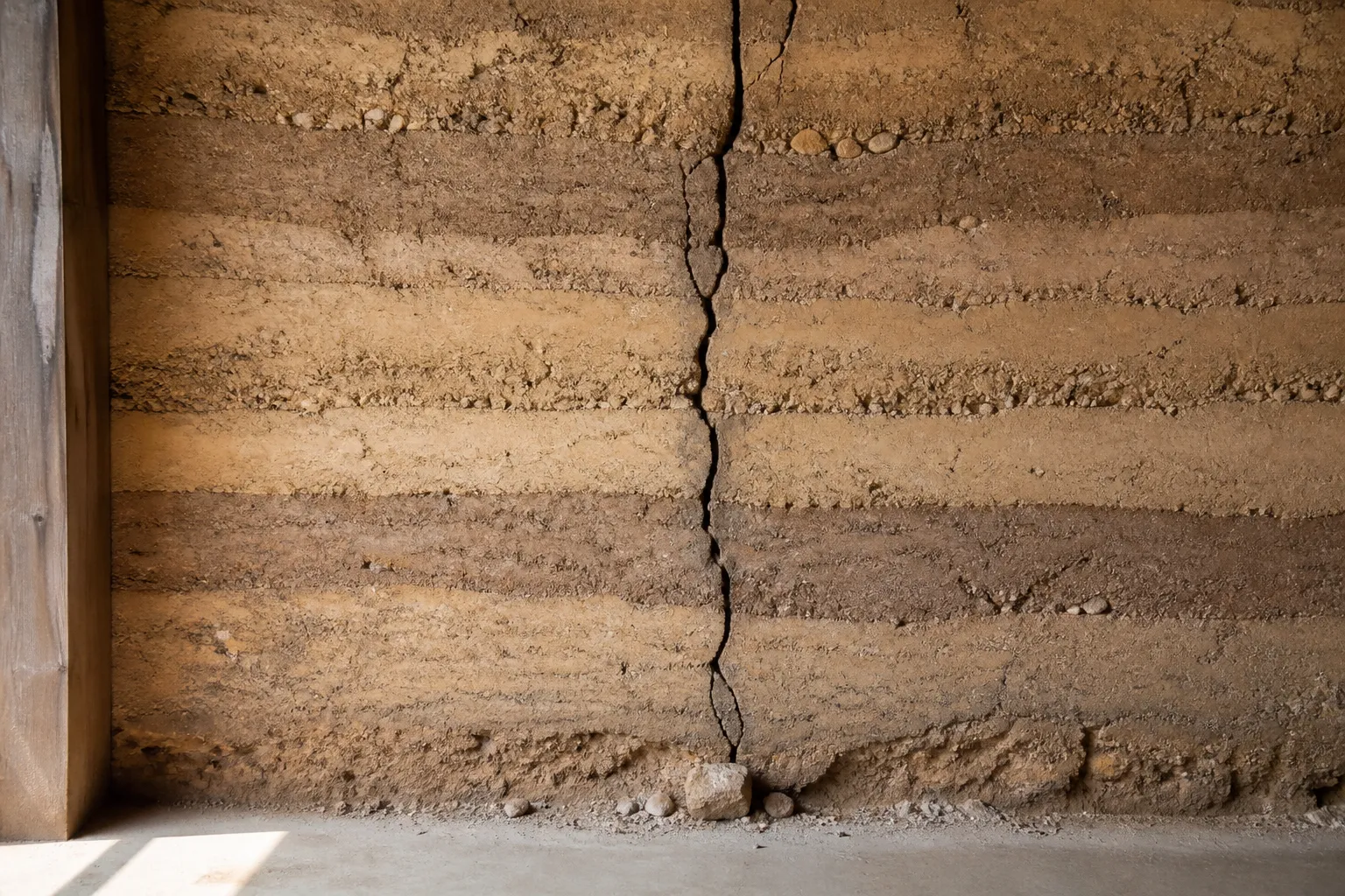 Mur en terre crue compactee montrant ses couches successives et une fissure verticale