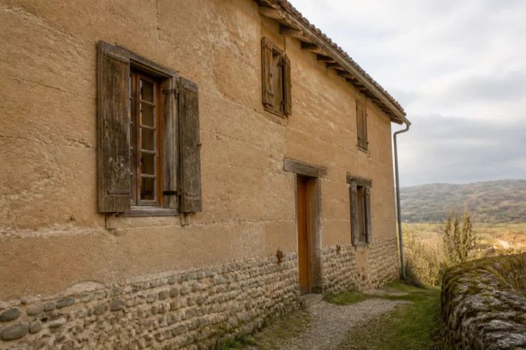 Ancienne maison en pise dans la campagne du Rhone avec soubassement en galets et toiture en tuiles