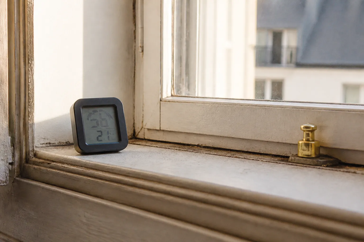 Hygrometre numerique pose sur le rebord d une fenetre ancienne