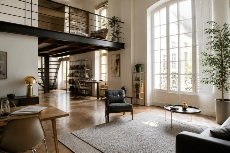 Studio lumineux dans un immeuble ancien lyonnais avec mezzanine et haute fenetre