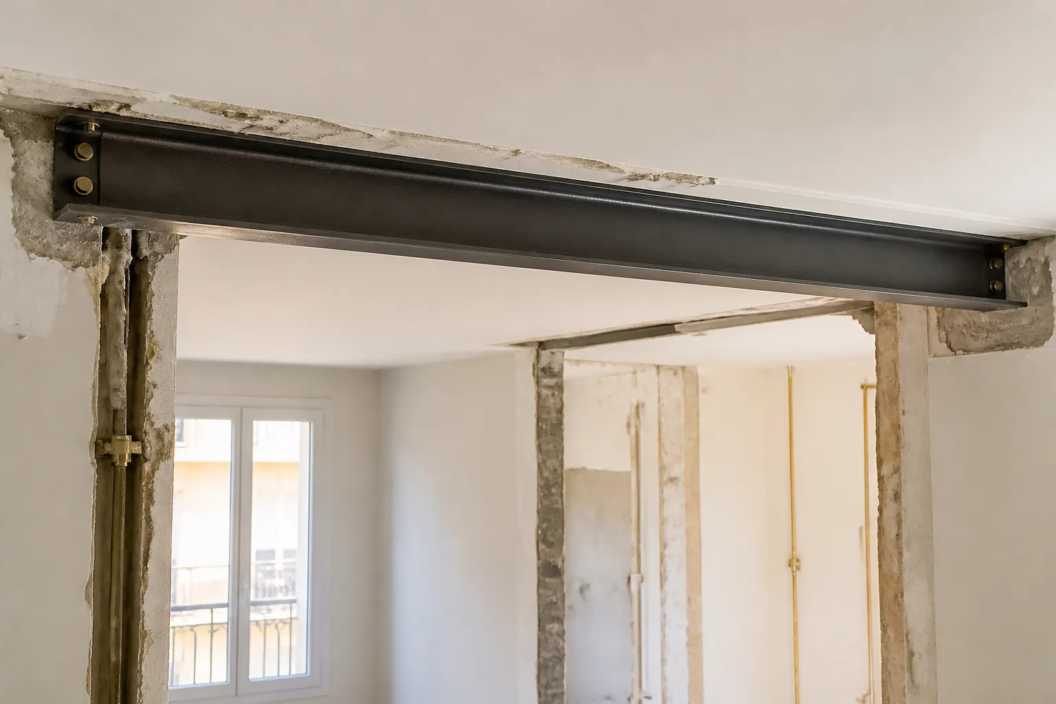 Poutre metallique de renfort posee au plafond d un appartement en travaux