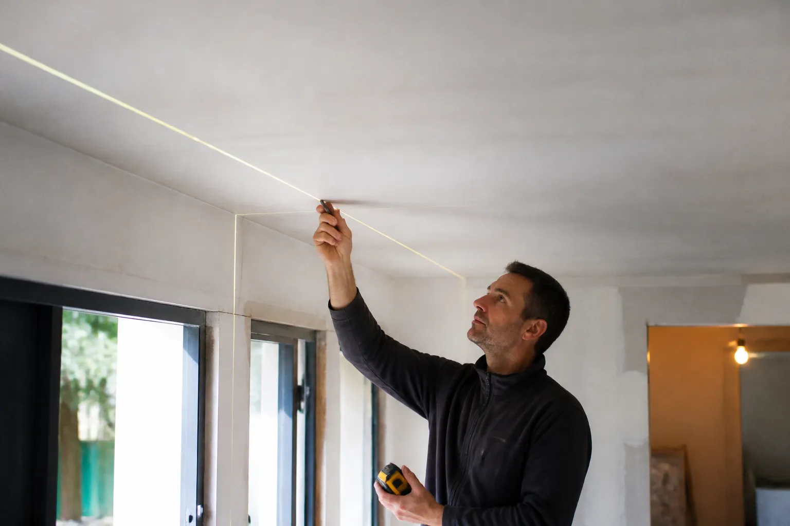 Expert controlant la planeite d un plafond au niveau laser