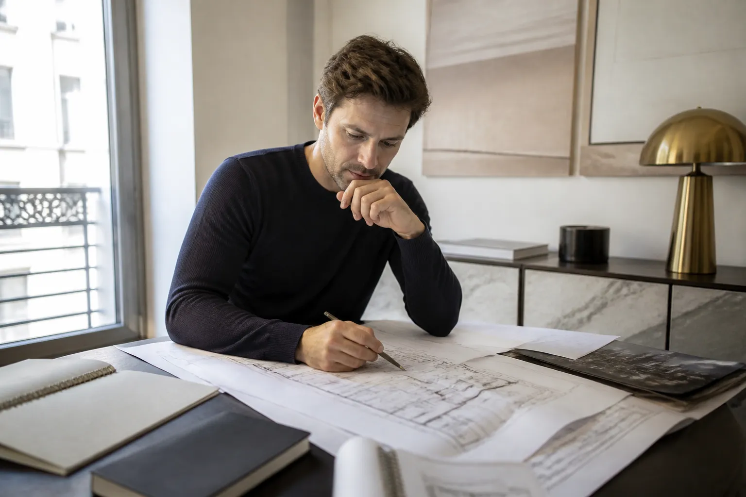 Expert en batiment etudiant les plans d un logement a Lyon