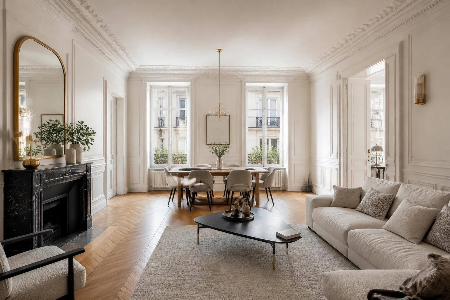 Appartement ancien lyonnais fraichement renove, sejour lumineux avec parquet et moulures