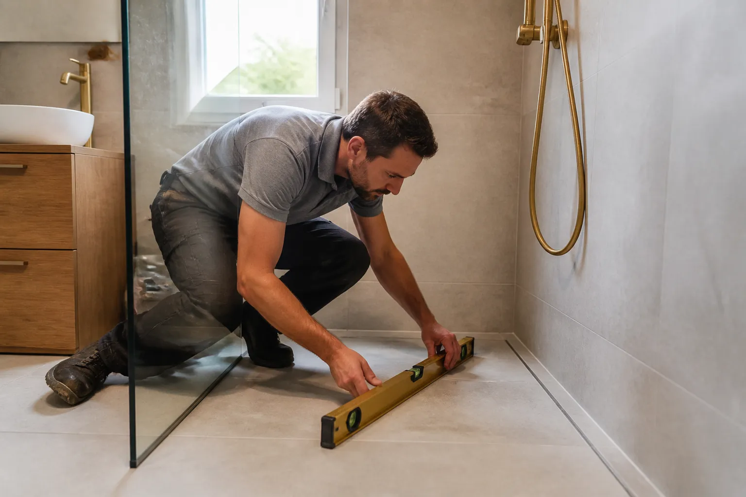 Expert verifiant la pente d une douche a l italienne dans une salle de bains renovee a Lyon