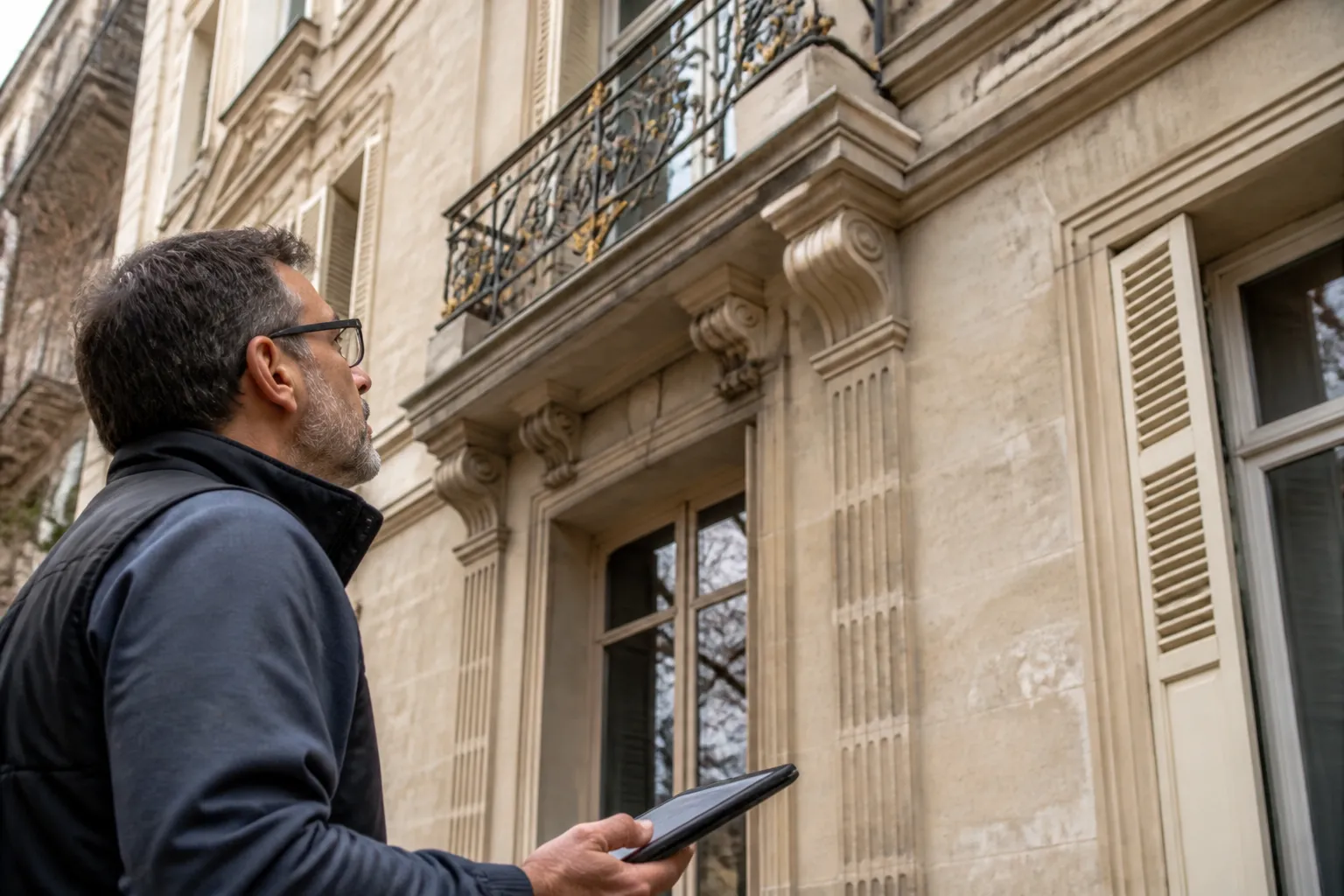 Expert en batiment etudiant les plans d un logement a Caluire-et-Cuire