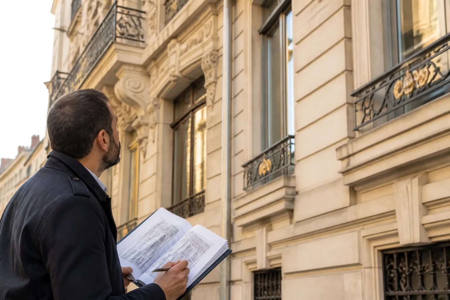 Expert en batiment etudiant les plans d un logement a Lyon 2e
