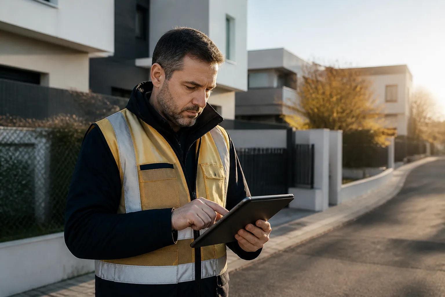 Expert en batiment etudiant les plans d un logement a Saint-Priest